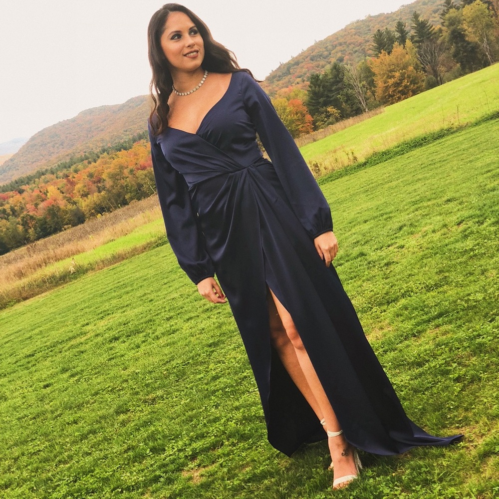 Navy blue long sleeve faux wrap dress